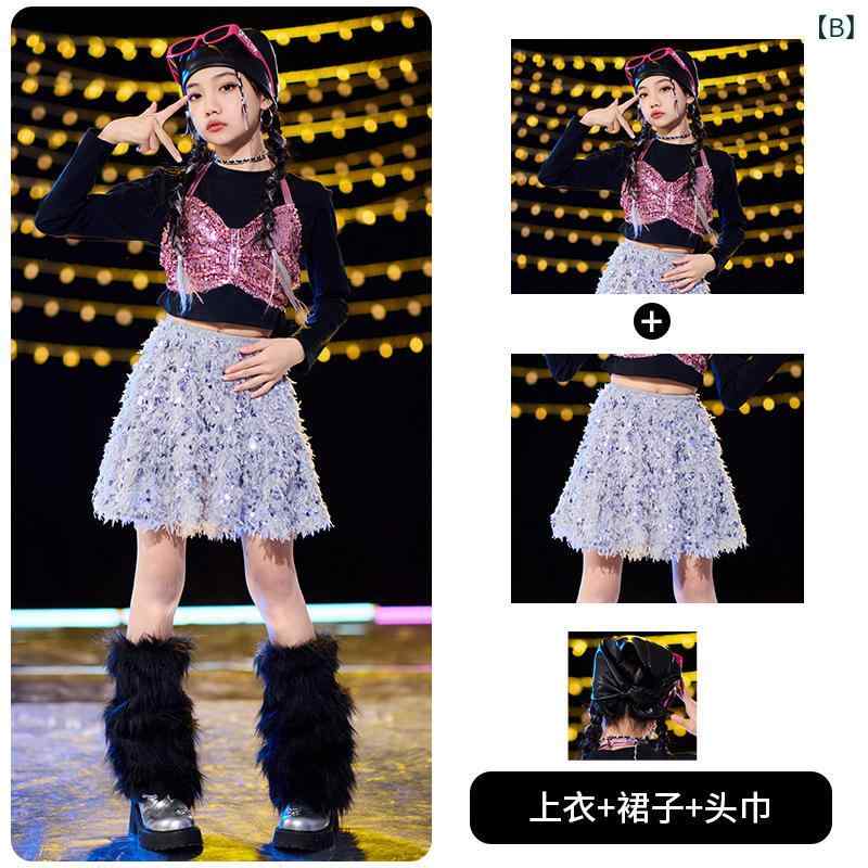 セキュアデポのキッズ ダンス衣装 女の子 ヒップホップ ジャズダンス ストリートダンス ステージ衣装 発表会 セットアップ おしゃれ スパンコールスカート トレンドファッション オールシーズン ポリエステル 中高生向け｜アングル3