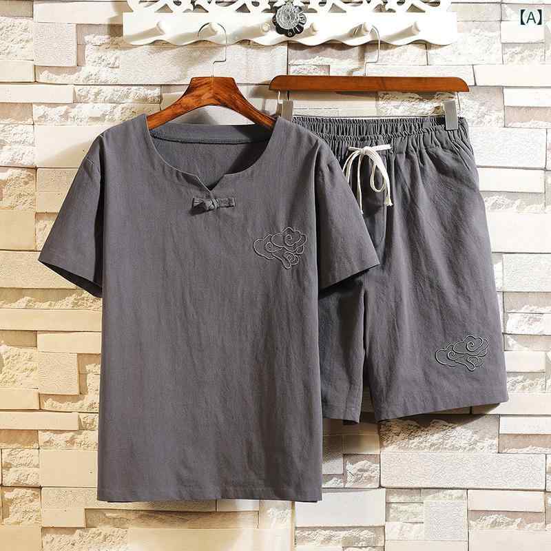 セキュアデポのTシャツ ショートパンツ メンズ 若者向け 春夏 中国風 刺繍柄 綿麻混紡素材 通気性抜群 薄手 トレンド カジュアル 普段着 部屋着｜アングル2
