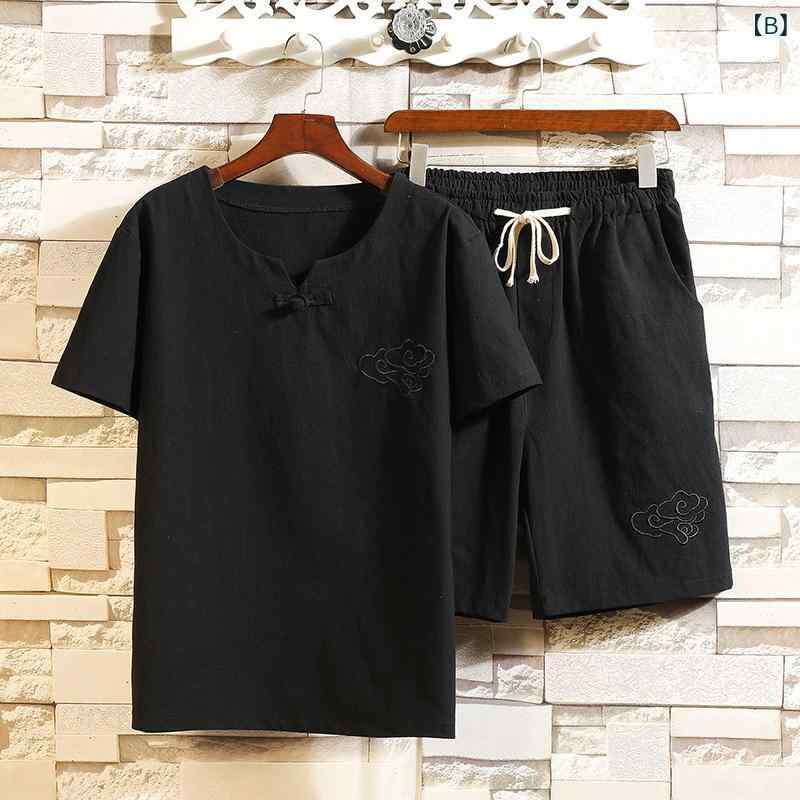 セキュアデポのTシャツ ショートパンツ メンズ 若者向け 春夏 中国風 刺繍柄 綿麻混紡素材 通気性抜群 薄手 トレンド カジュアル 普段着 部屋着｜アングル3