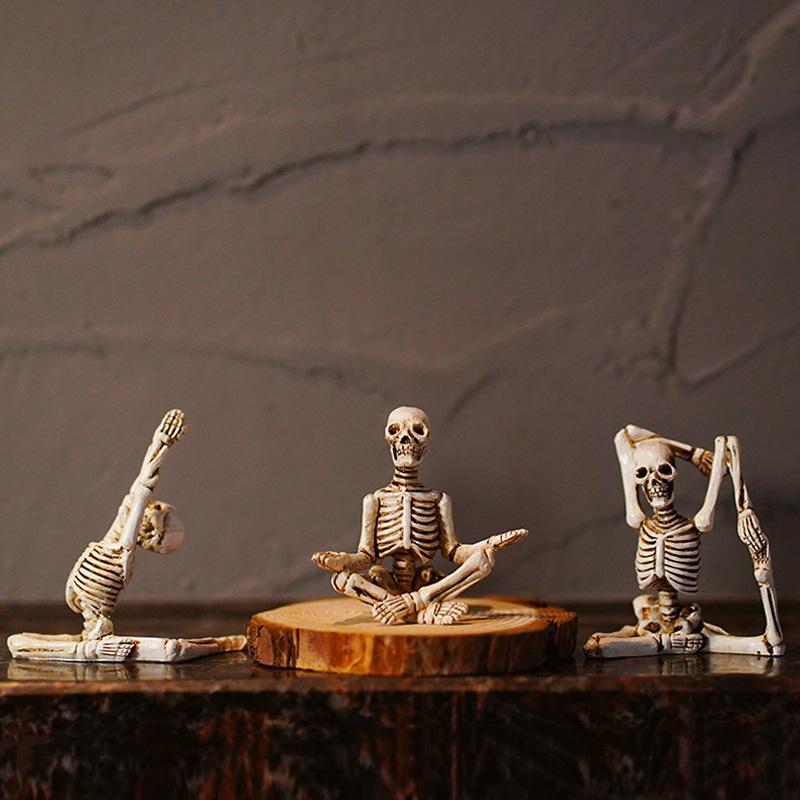 オブジェ ハロウィン アメリカンスタイル ユニーク ヨガスカル ミニ ドクロ かわいい キャラクター 樹脂製 レトロホワイト 3点セット インテリア デコレーション