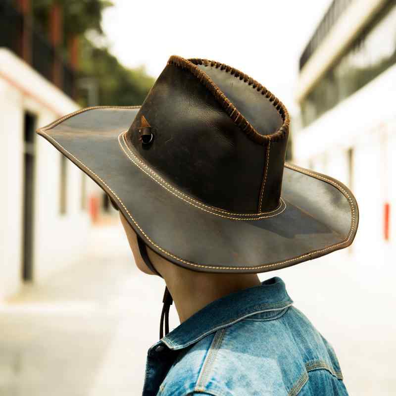 For Women - カウボーイハット メンズ 男性用 紫外線対策 日よけ つば広 本革 牛革 高級感 ウエスタンハット アウトドア レトロ オールシーズン