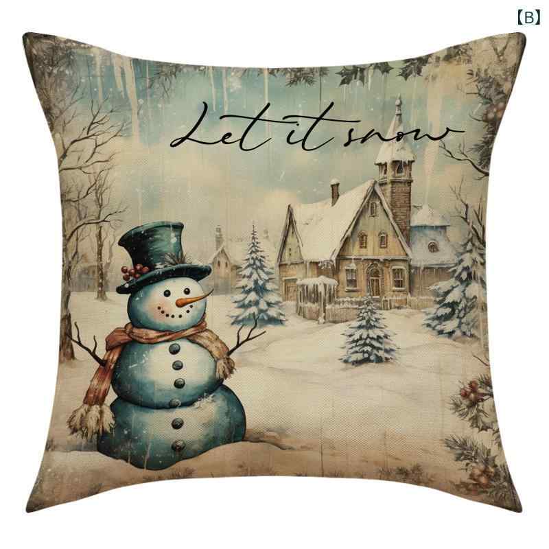 抱枕 クッションカバー クリスマス レトロ 風 雪だるま リネン 45cm 45cm リビング...