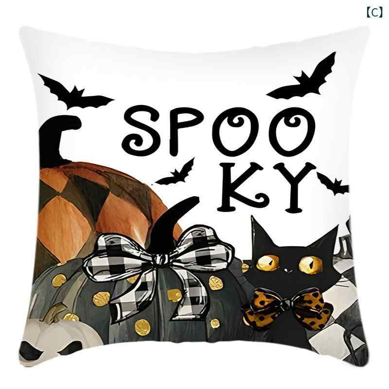 セキュアデポのクッションカバー 四枚セット ハロウィン 骸骨 黒猫 カボチャ ゴースト 飾り 雑貨 パーティー 45cm 45cm 美式 レトロ アメコミ｜アングル3