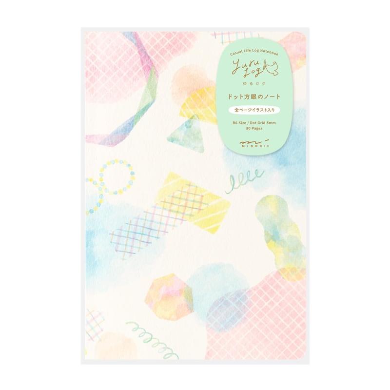 ミドリ ート ゆるログ 水彩柄 B6 15356006「ゆるく楽しく」日々の記録が続けやすいートやさしい色合いの水彩タッチのイラストがやわらかな印象のデザイン「チェックと春色のパターン」「やわらかな空気」「夏の種」「花びらと水滴」という4つのテーマで見開きごとに異なるデザイン【仕様】5mmドット方眼、80ページ【製本】PUR製本【サイズ】H182×W123×D5mm