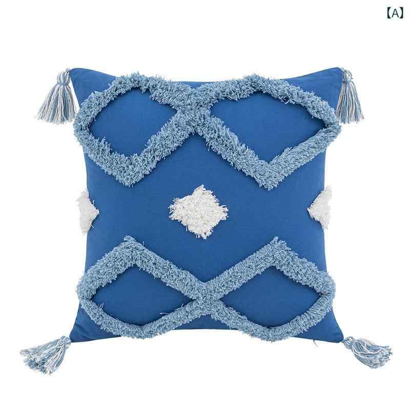 クッションカバー 北欧風 ブルー 幾何学模様 刺繍 タッセル付き スクエア ソファ背当て おしゃれ 爽やか 部屋飾り 柔らかい インテリア