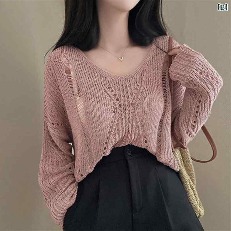 ・カテゴリ: ニット・柄: 無地・厚み: 超薄・セット: 単品・スタイル: 镂空・シルエット: ルーズ・ネックライン: Vネック・袖丈: 長袖・デザイン要素: 镂空・丈: 普通・製法: ニット・カラー展開: ブラック、ピンク、ホワイト、ブルー・サイズ展開: フリーサイズ・着用方法: プルオーバー