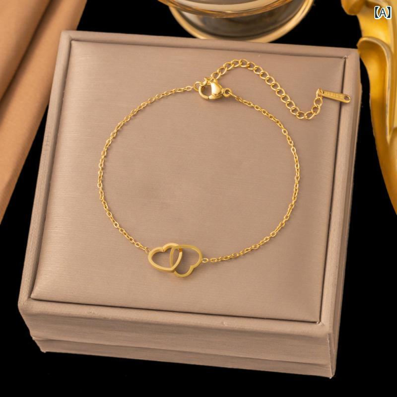 ブレスレット レディース サージカルステンレス ダブル ハート 金属アレルギー対応 18K 金メッキ 変色しにくい カジュアル 上品 エレガント アクセサリー