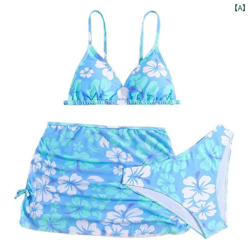 水着 女の子 キッズ セパレート ビキニ 3点セット チュール メッシュ 花柄 小花柄 スイムウェア 子供 ジュニア 欧米風 フリル リボン スイミング ビーチ 海 プール 水遊び