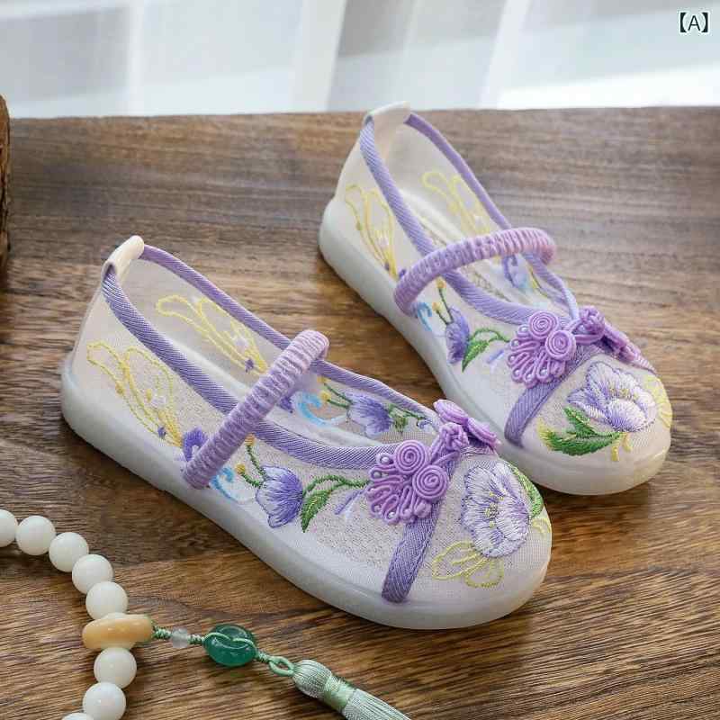 ・カラー展開: 紫、ピンク、緑・対象年齢: 4-6歳・対象性別: 女・靴底素材: 牛筋・靴面素材: 綿・スタイル: 中国風・用途: 汎用