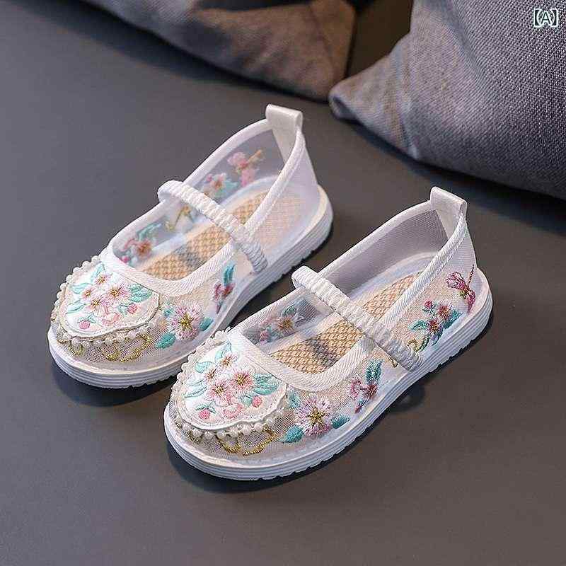 子供靴 女の子 刺繍 チャイナ風 漢服シューズ メッシュ素材 ローカット フラット底 レトロ 伝統的 民族風 発表会 演奏会 通気性 軽量 かわいい ホワイト ピンク レッド 春夏 おしゃれ かわいい キッズシューズ 中華風 イベント 舞台衣装 コスプレ
