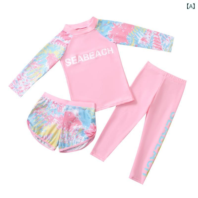 水着 キッズ 男の子 女の子 セパレート 3点セット 長袖 ロングパンツ ラッシュガード UVカット 防紫外線 日焼け防止 速乾 スイムウェア 子供 ジュニア 幼稚園 小学生 動きやすい 伸縮性 プール 海水浴 ブルー ピンク