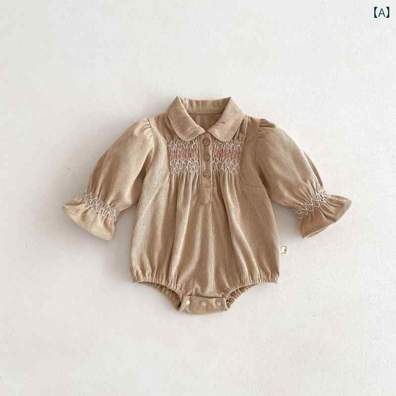 ・スタイル: 韓国風・カテゴリ: ワンピース・主な素材: 綿 95%・性別: 女児・対象年齢: 乳幼児（1～3歳、身長80～100cm）・柄: 無地・加工: 起毛・袖丈: 長袖・スカートのデザイン: プリンセスドレス・裏地素材: 綿 95%・デザイン要素: キュート・カラー展開: ライトアプリコット（ロンパース）、ライトアプリコット（ワンピース）、ブラウン（ロンパース）、ブラウン（ワンピース）・サイズ展開: 66cm、73cm、80cm、90cm、100cm、110cm