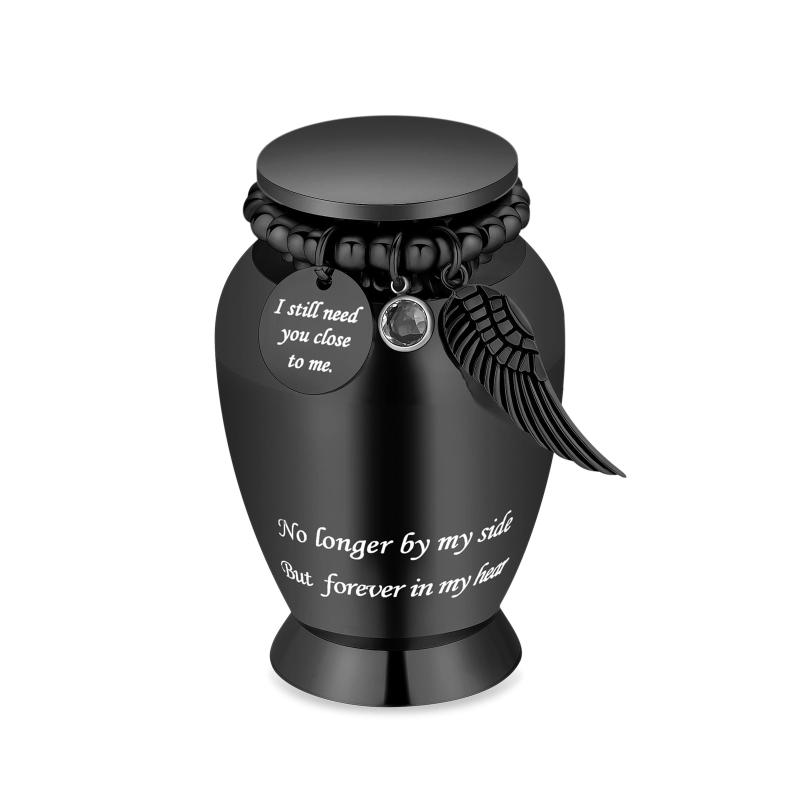 ミニ骨壷 遺骨入れ メモリアル骨壷 納骨容器 天使の翼 ネジ式 手元供養 ステンレス製 分骨つぼ 本体に刻字 大容量 シルバー ブラック ローズゴールド (ブラック, 7.5*4.5*3.3cm, ウィング)