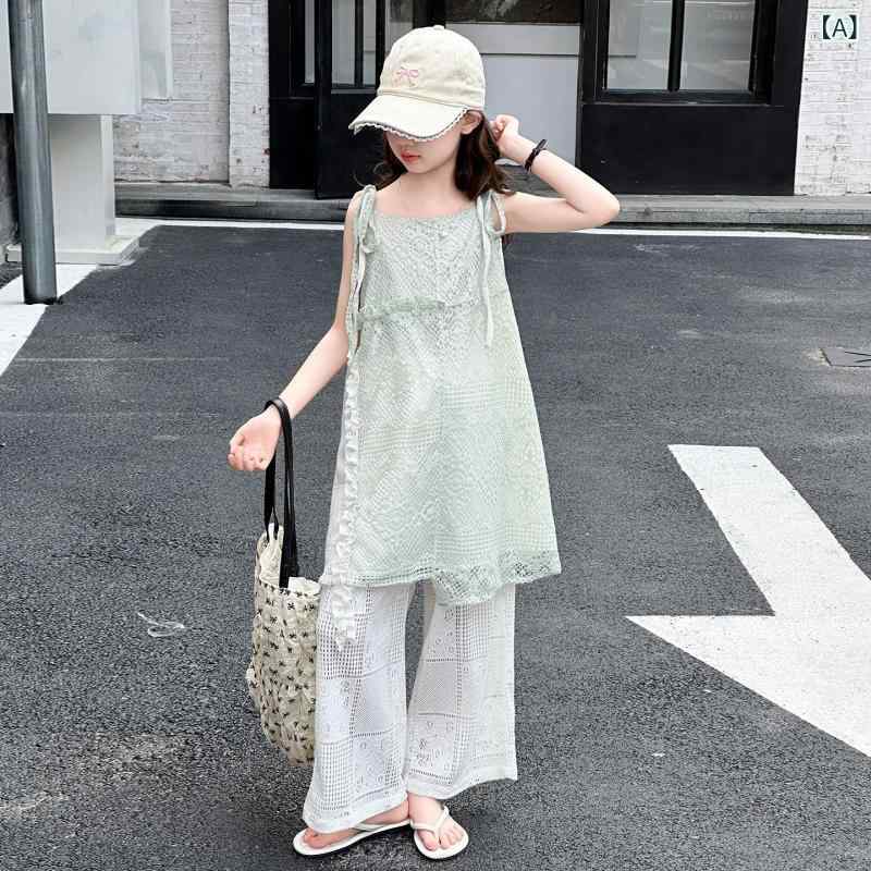 セットアップ 女の子 キッズ 夏用 ノースリーブ キャミソールワンピース レース フリル チュニック 接触冷感 透かし編み ワイドパンツ 9分丈 ガウチョパンツ 2点セット カジュアル