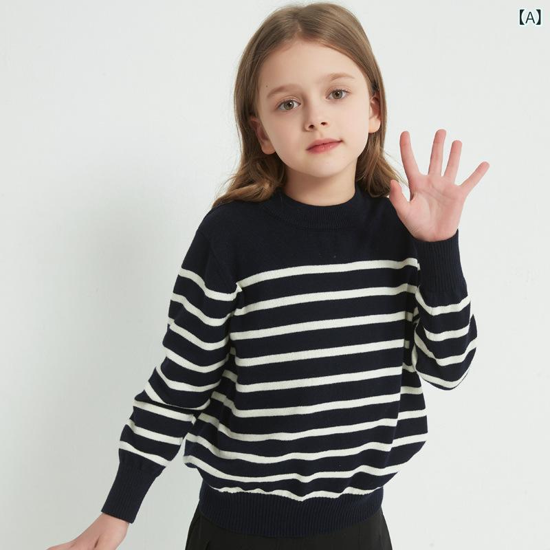 ・カテゴリ: 子供ニット・スタイル: レジャー・主な素材: 綿・ネックライン: クルーネック・袖丈: 長袖・柄: ストライプ・カラー展開: 深紺ストライプ、米白ストライプ・サイズ展開: 120、130、140、150、160、170、175・厚み: 薄手・毛糸の太さ: 普通・タイプ: プルオーバー・対象: 男女共用