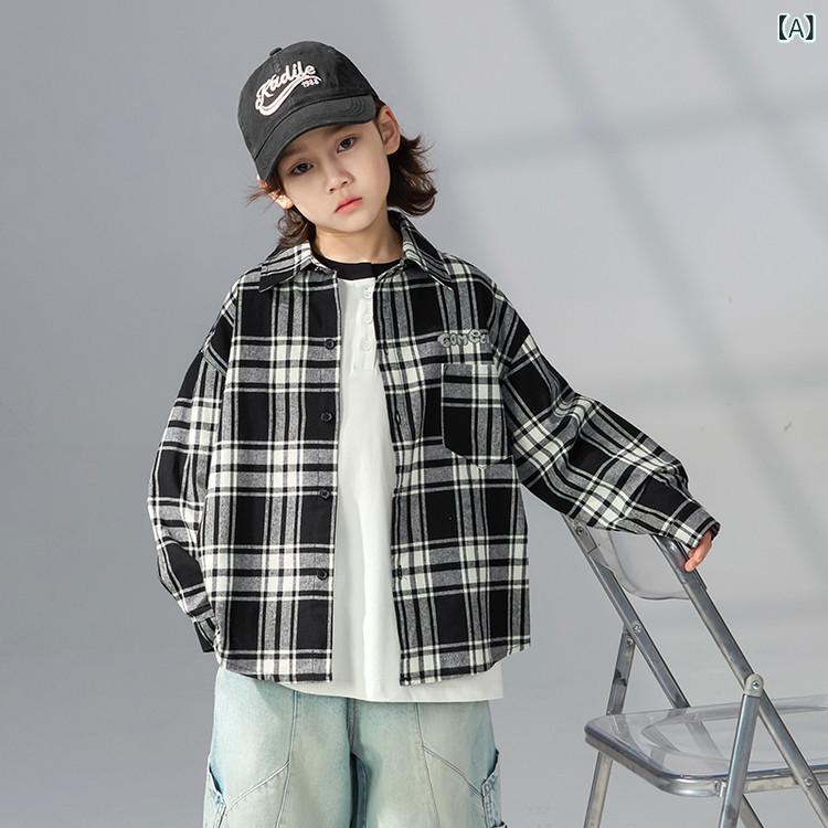 ・カテゴリ: 子供シャツ・スタイル: 韓国風・襟型: ラペル・袖丈: 長袖・柄: チェック、プリント・主な素材: 綿85%・性別: 男児・カラー展開: ブラック・サイズ展開: 120cm、130cm、140cm、150cm、160cm、170cm
