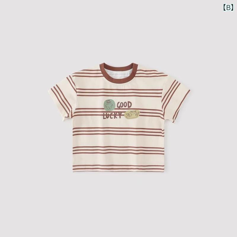 Tシャツ キッズ コットン ボーダー 半袖 トップス カットソー 吸汗速乾 丸首 男の...