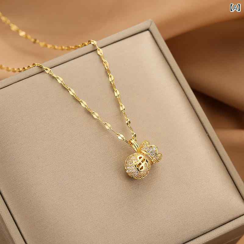 ネックレス レディース ゴールド 巾着 マネーバッグ ジルコニア 華奢 上品 金属アレルギー対応 デコルテチェーン 首飾り 通勤 デイリー ジュエリー アクセサリー ギフト