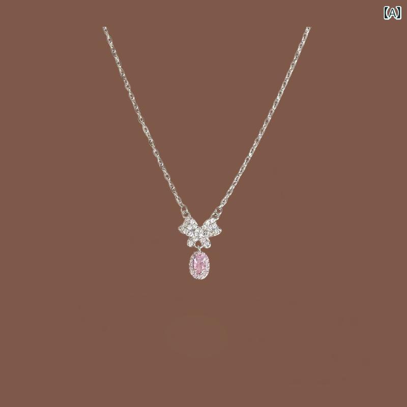 ネックレス レディース ピンク ジルコニア リボン デコルテチェーン サージカルステンレス 金属アレルギー対応 華奢 細身 重ね付け 軽量 オフィス カジュアル きれいめ