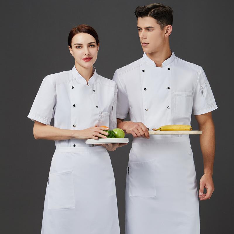 ・カテゴリ: 厨师服・性別: 男女兼用・機能: 吸湿速乾・ボトムス丈: 長ズボン・素材: 綿混・カラー展開: ブラック、ホワイト・サイズ展開: M、L、XL、XXL、XXXL、4XL・上下セット分類: トップス・袖の種類: ホーンスリーブ・袖丈: 五分袖・襟のデザイン: ファーカラー・着丈: 通常（50cm超65cm以下）