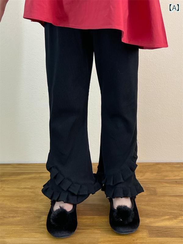 ・カテゴリ: 子供用パンツ・スタイル: 韓国風・素材: ニット・パンツ丈: 長ズボン・主な素材: 綿・素材の割合: ・対象性別: 女の子・対象年齢: 中小の子供（3〜8歳、100〜140cm）・デザイン: カジュアルパンツ・股上のデザイン: 開閉可能・生地加工: 柔軟加工・デザイン要素: フリル・ウエスト: ミドルウエスト・ウエストタイプ: ゴムバンド・カラー展開: ブラックフリルフラワーラッパパンツ・対応身長: 90cm、100cm、110cm、120cm、130cm、140cm