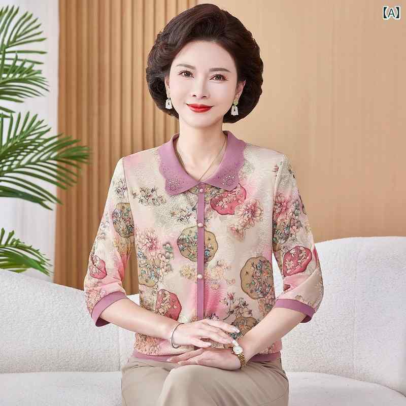 Tシャツ レディース 中老年 50代 60代 半袖 接触冷感 襟付き プリント 切り替え プルオーバー トップス 花柄 通勤 エレガント ポリエステル