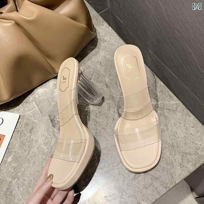 ・カテゴリ: 一字型サンダル・カラー展開: 杏色（ヒール7cm）、杏色（ヒール9cm）、杏色（ヒール11cm）・サイズ展開: 35, 36, 37, 38, 39, 40, 41, 42・アッパー素材: PU・スタイル: 韓国風・つま先形状: ラウンドトゥ・靴底素材: ゴム・裏地素材: PU