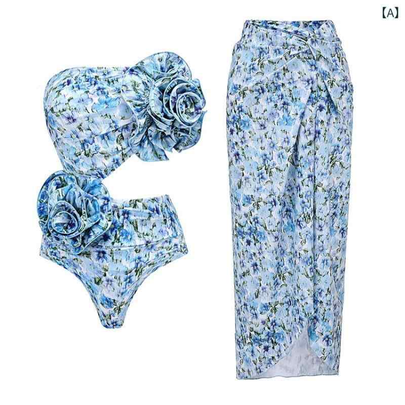 水着 レディース ワンピース 体型カバー ベアトップ 立体フラワー カットアウト 花柄 フリルスカート 2点セット 伸縮性 パッド付き 欧米風 ビーチ リゾート 海 プール