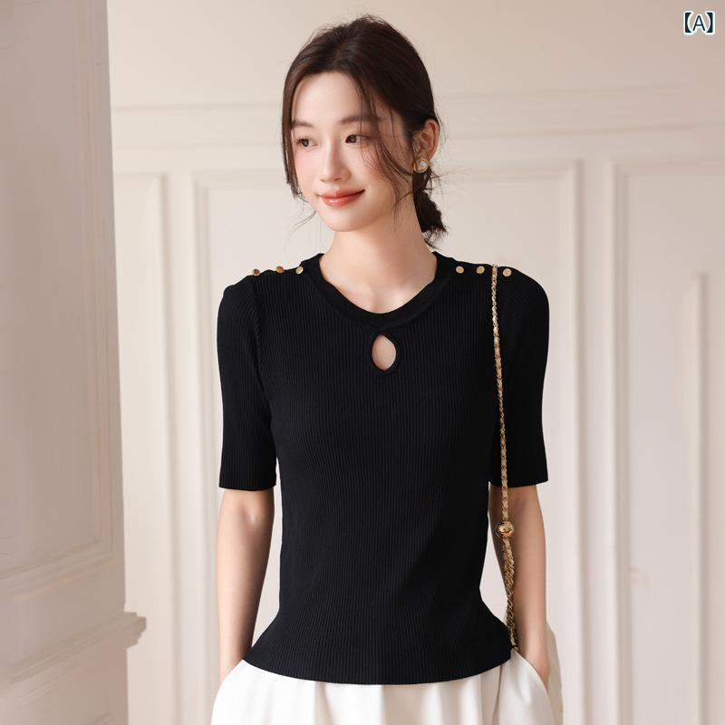 Tシャツ レディース 半袖 春夏 ニット カットソー サマーニット 接触冷感 透かし編み クルーネック 無地 軽い 薄手 トップス ゆったり 着やせ インナー 部屋着 通勤 カジュアル オフィス