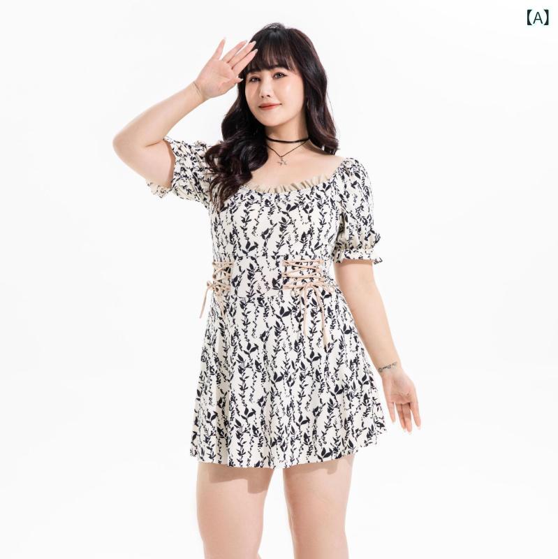ワンピース 泳衣 レディース 大きいサイズ 体型カバー 半袖 ぽっちゃり パフスリーブ 花柄 レトロ ハイウエスト シャーリング 温泉 プール スイムウェア ホワイト