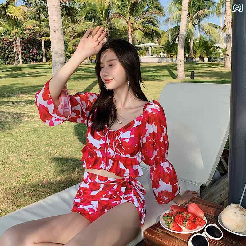 水着 ペア レディース メンズ セパレート ビキニ 体型カバー 半袖 2点セット サーフパンツ ビーチパンツ 温泉 プール 海水浴 家族旅行 カップル コーデ レッド 赤 secure-depo-11490724 セキュアデポ パッケージ画像