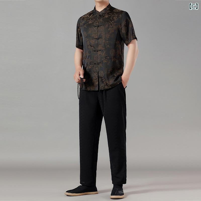 セットアップ メンズ 夏用 半袖 チャイナ服 カジュアル ズボン無し シャツ 上着 トップス 紳士服 涼しい 接触冷感 薄手 リラクシングウェア ルームウェア 父の日 ギフト プレゼント 普段着 敬老の日 シニア secure-depo-11492001 セキュアデポ サンプル画像3