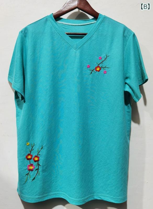 セキュアデポのTシャツ レディース 半袖 Vネック 楊柳 シワ加工 刺繍 花柄 トップス プルオーバー ゆったり 部屋着 普段着 カジュアル レッド｜アングル2