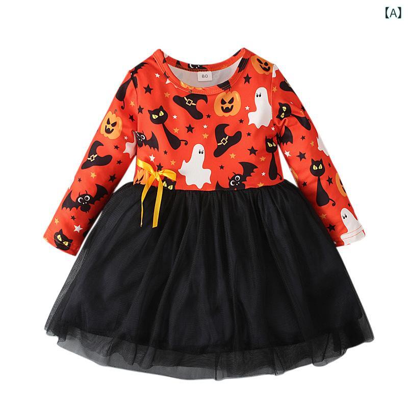 ワンピース キッズ 女の子 長袖 ハロウィン 仮装 衣装 南瓜 かぼちゃ プリント レース チュール コットン カジュアル 春秋冬