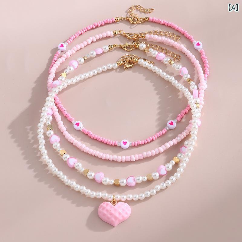ネックレス キッズ 女の子 ハート フェイクパール ビーズネックレス 手作り ピンク かわいい アクセサリー 通学 プレ…