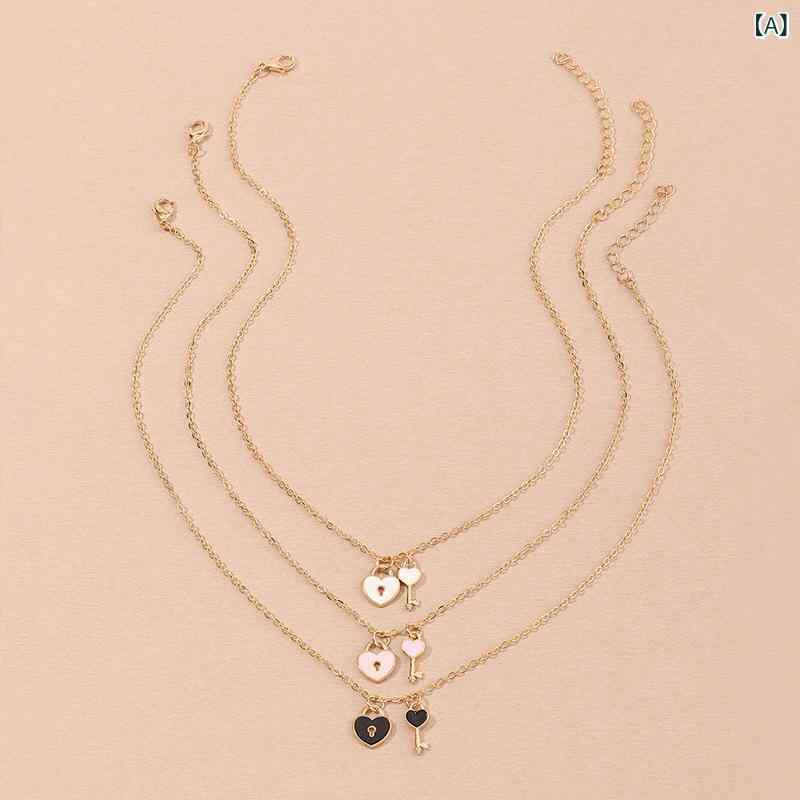 ネックレス キッズ 女の子 2点セット ペンダント ハート 鍵 モチーフ かわいい アクセサリーセット 合金 メッキ アジャスター付き チェーン プレゼント