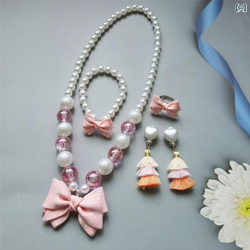 ネックレス キッズ 女の子 ジュエリー セット リボン モチーフ アクセサリー 指輪 かわいい プリンセス おもちゃ ビーズ おしゃれ プレゼント