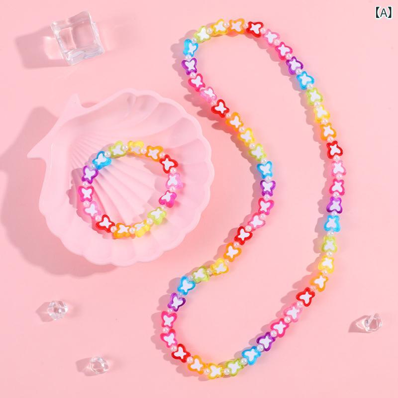 ネックレス キッズ 女の子 アクリル 蝶々 花 モチーフ 2点セット ビーズ ハンドメイド かわいい プリンセス アクセサリー ジュエリー ギフト