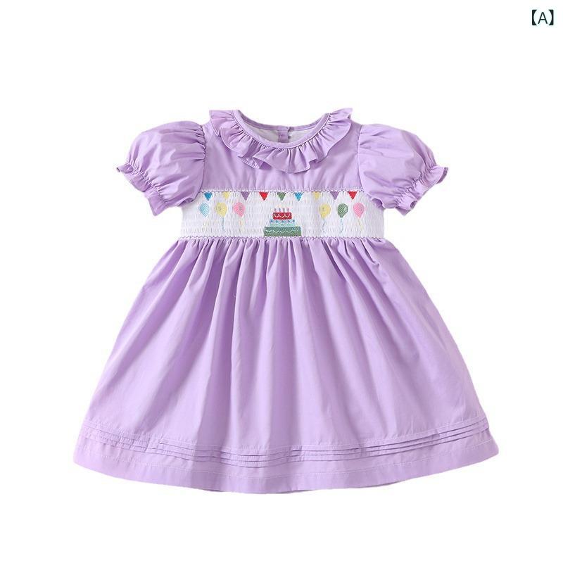 ワンピース キッズ 女の子 半袖 パープル コットン Aライン フリル襟 パフスリーブ 刺繍 シャーリング かわいい 夏 プリンセス ドレス お出かけ 誕生日 発表会 通気性 肌に優しい