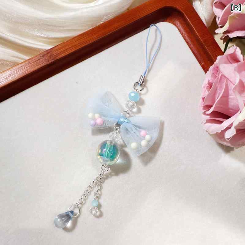 キーホルダー レディース かわいい メッシュ リボン ビーズ チャーム 電気メッキ加...