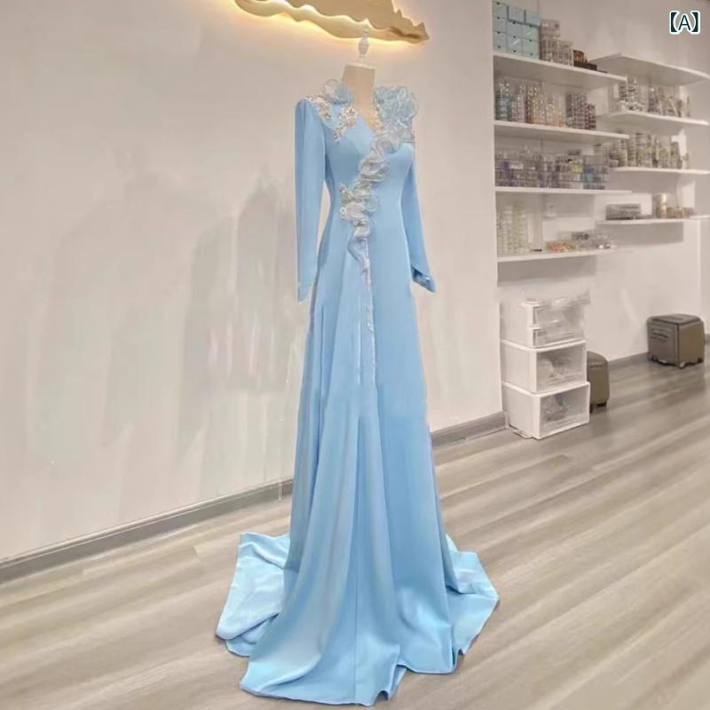 ・カラー展開: ブルー・サイズ展開: S、M、L、XL、XXL・ドレス・ワンピースのシルエット: Aライン・スタイル: ハイウエスト・袖丈: 長袖・スカート丈: ロング丈・ウエストライン: ハイウエスト・対象年齢: 成人・性別: 女性・袖のデザイン: レギュラースリーブ・シルエット: 標準型・襟ラベル: なし・タグ: あり・適応体型: 標準体型