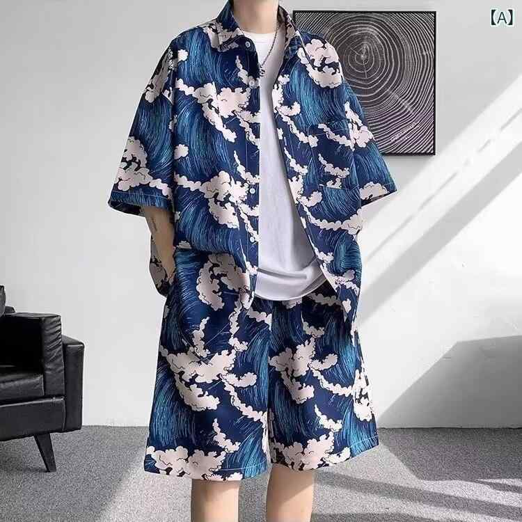 カジュアルスーツ メンズ 半袖シャツ ハーフパンツ 接触冷感 涼しい セットアップ サマーセット アロハシャツ リゾート ビーチ 部屋着 薄手 ブルー