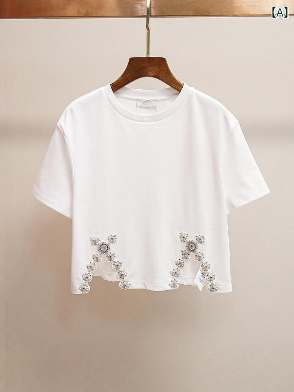 ・カテゴリ: Tシャツ・スタイル: 通勤風・ネックライン: 丸首・袖丈: 半袖・袖型: 定番タイプ・柄: 無地・デザイン: ジルコニア飾り・シルエット: ルーズフィット・着丈: ショート丈（40cm超、50cm以下）・カラー展開: ホワイト・サイズ展開: S、M、L