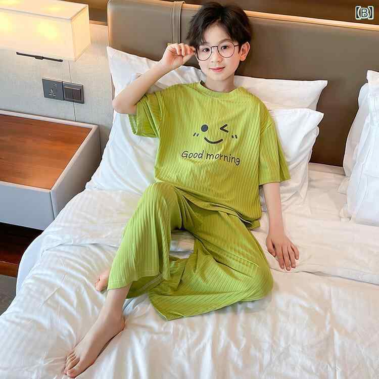 セキュアデポのパジャマ キッズ 男の子 半袖 接触冷感 ルームウェア 部屋着 トップス パンツ 2点セット ゆったり カジュアル 薄手 吸汗速乾 夏 無地 グリーン グレー グリーン グレー グリーン グレー グリーン グレー グリーン グレー グリーン｜アングル2