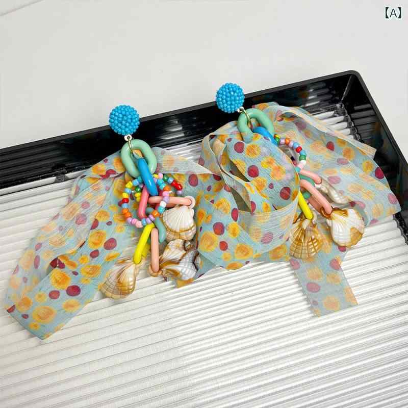 ピアス レディース カラフル 水玉模様 ドット シフォン リボン シェル フープ タッセル 電気メッキ ロング 揺れる かわいい レトロ ボヘミアン風 アクセサリー