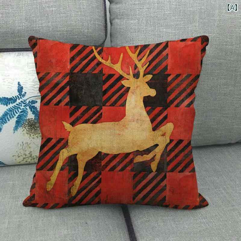クッションカバー おしゃれ 45×45cm クリスマス トナカイ チェック柄 リネン風 プリント 正方形 北欧 インテリア 背当て 枕カバー