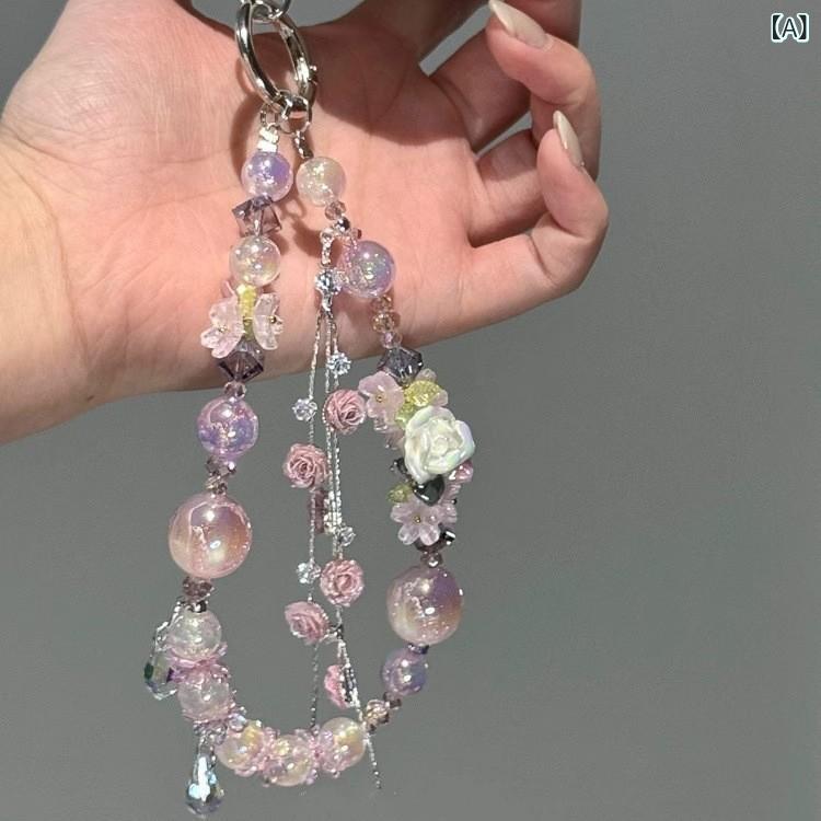 スマホストラップ レディース ビーズ 薔薇 フリンジ カラフル クリスタル かわいい キーホルダー バッグチャーム