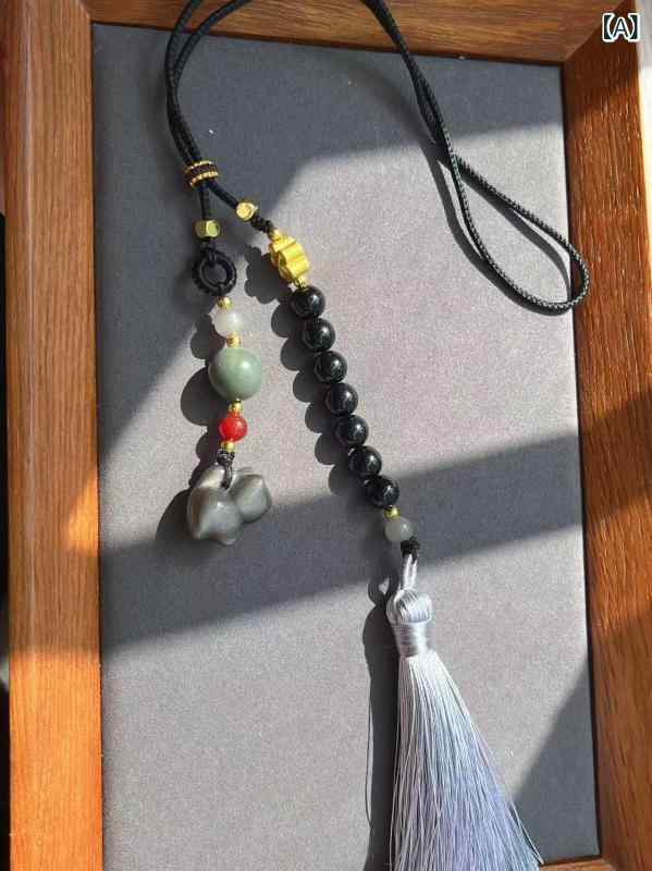 バッグチャーム キーホルダー 猫 オブジェ 携帯ストラップ シルバーオブシディアン タッセル 手編み ハンドメイド 金剛結び 車内 飾り かわいい