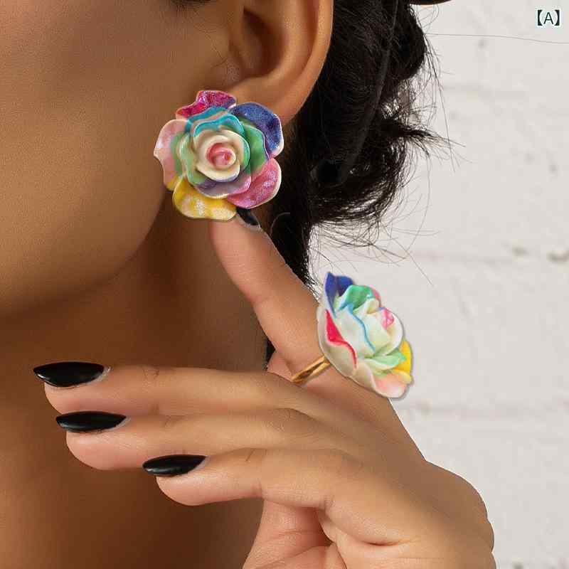 リング ピアス セット レディース 蓄光 グリッター カラフル バラ 花 電気メッキ加工 樹脂 2点セット ナチュラル 甘め フェミニン アクセサリー ジュエリー