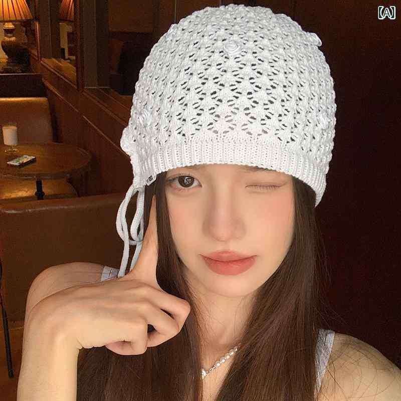 麦わら帽子 レディース 春夏 手編み コットン ニット ハット 透かし編み バラ 花 モチーフ クロシェハット レトロ 通気性 折りたたみ 旅行 おしゃれ